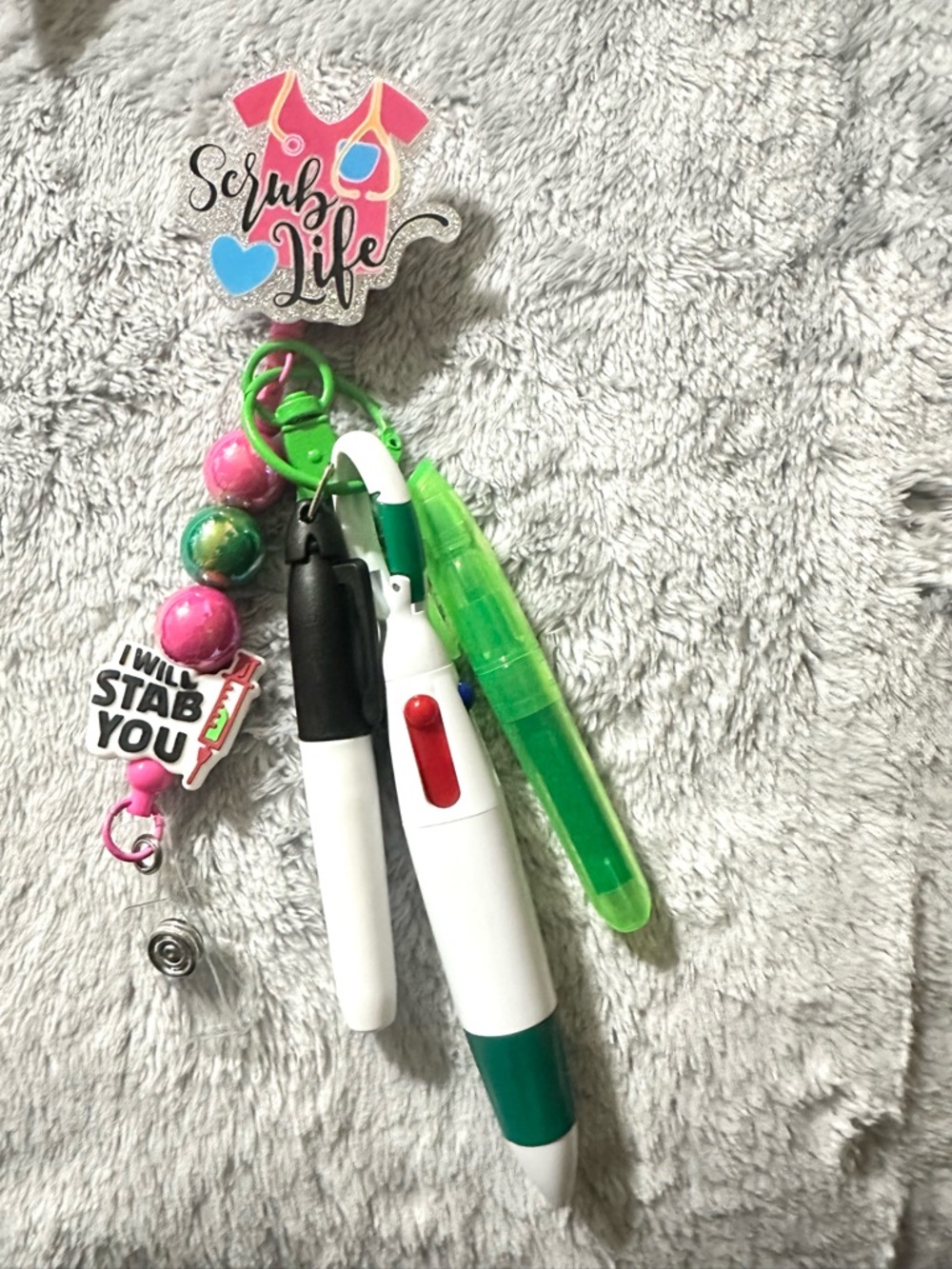Nurse Badge Reel with accessories - Green & Pink